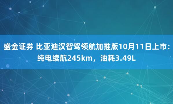 盛金证券 比亚迪汉智驾领航加推版10月11日上市：纯电续航245km，油耗3.49L